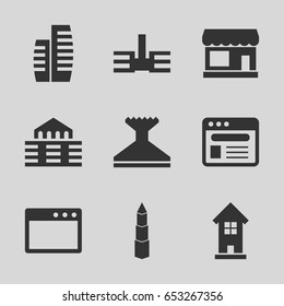 Window icons set. set of 9 window filled icons such as store, building