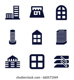 Window icons set. set of 9 window filled icons such as window, business center building, blinds, shop