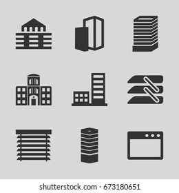Window icons set. set of 9 window filled icons such as business centre, business center building, hospital building, blinds