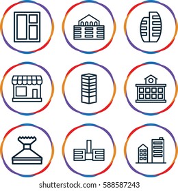 window icons set. Set of 9 window outline icons such as store, business centre, builidng