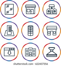 Window icons set. set of 9 window outline icons such as business centre, hospital building, building, store