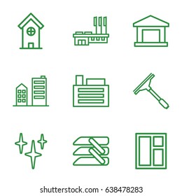 Window icons set. set of 9 window outline icons such as building, clean