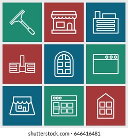 Window icons set. set of 9 window outline icons such as shop, builidng, building