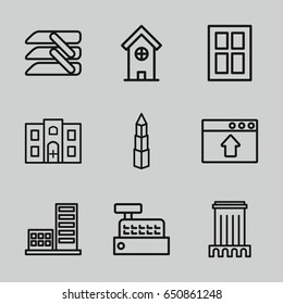 Window icons set. set of 9 window outline icons such as building, hospital building, blinds