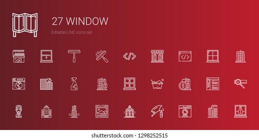 window icons set. Collection of window with browser, trowel, veranda, building, office building, captain, washing, window cleaner, coding. Editable and scalable icons.