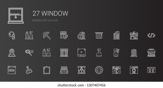 window icons set. Collection of window with browser, stores, dustpan, spray bottle, window cleaner, video player, store, search engine, shop. Editable and scalable icons.