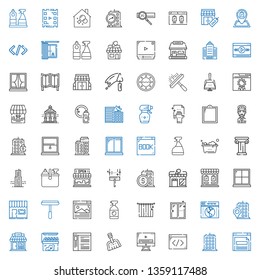 window icons set. Collection of window with browser, building, coding, video player, dustpan, store, shop, curtains, window cleaner, wiper. Editable and scalable icons.