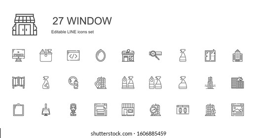 window icons set. Collection of window with browser, building, store, captain, dustpan, window cleaner, washing, room divider, search engine. Editable and scalable icons.
