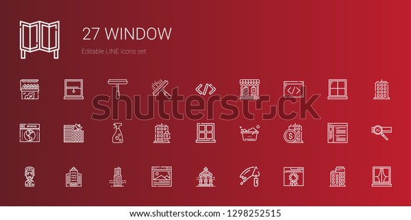 window icons set.\
Collection of window with browser, trowel, veranda, building,\
office building, captain, washing, window cleaner, coding. Editable\
and scalable icons.