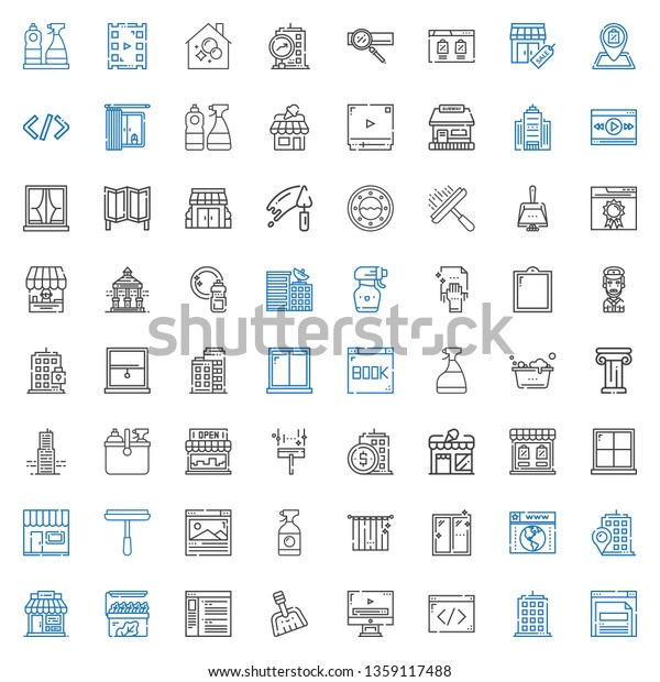 window icons set.\
Collection of window with browser, building, coding, video player,\
dustpan, store, shop, curtains, window cleaner, wiper. Editable and\
scalable icons.