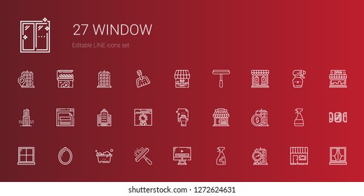 window icons set. Collection of window with building, window cleaner, video player, washing, shop, cleaning, browser, office building, store. Editable and scalable window icons.