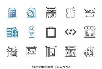 window icons set. Collection of window with building, browser, shop, store, coding, window cleaner, washing. Editable and scalable icons.