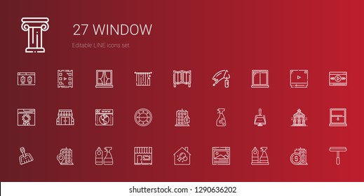window icons set. Collection of window with window cleaner, browser, housekeeping, store, building, dustpan, stores, trowel, room divider. Editable and scalable icons.