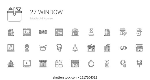 window icons set. Collection of window with window cleaner, store, video player, veranda, building, dustpan, cleaning, washing, captain, shop. Editable and scalable icons.