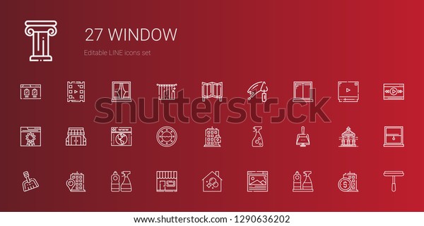 window icons set.\
Collection of window with window cleaner, browser, housekeeping,\
store, building, dustpan, stores, trowel, room divider. Editable\
and scalable icons.
