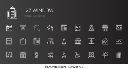 window icons set. Collection of window with dustpan, window cleaner, shop, captain, store, tickets office, stores, video player, browser, building. Editable and scalable icons.