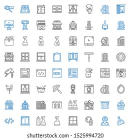 window icons set. Collection of window with dustpan, shop, washing, window cleaner, coding, curtains, store, browser, building, veranda, captain. Editable and scalable icons.