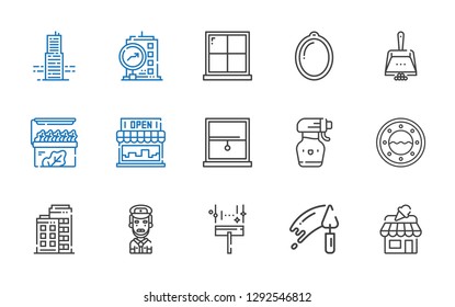 window icons set. Collection of window with shop, trowel, wiper, captain, building, spray bottle, store, dustpan. Editable and scalable window icons.