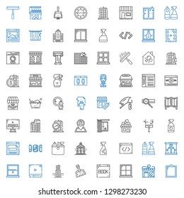 window icons set. Collection of window with store, browser, dustpan, building, video player, window cleaner, coding, veranda, cleaning, windows. Editable and scalable icons.