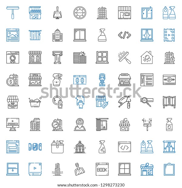 window icons set.\
Collection of window with store, browser, dustpan, building, video\
player, window cleaner, coding, veranda, cleaning, windows.\
Editable and scalable\
icons.