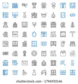 conjunto de iconos de la ventana. Colección de ventanas con reproductor de vídeo, carretilla, limpiador de ventanas, papelón, cortinas, tienda, oficina, tienda, codificación. Iconos editables y escalables.