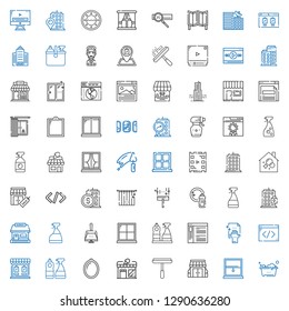 window icons set. Collection of window with washing, stores, window cleaner, store, coding, cleaning, browser, dustpan, tickets office, building. Editable and scalable icons.