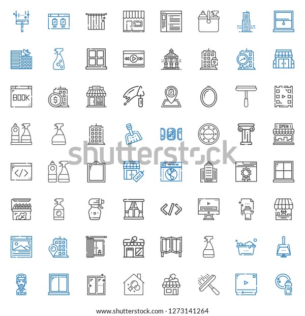 window icons set.\
Collection of window with washing, video player, window cleaner,\
shop, housekeeping, captain, dustpan, room divider, store. Editable\
and scalable window\
icons.