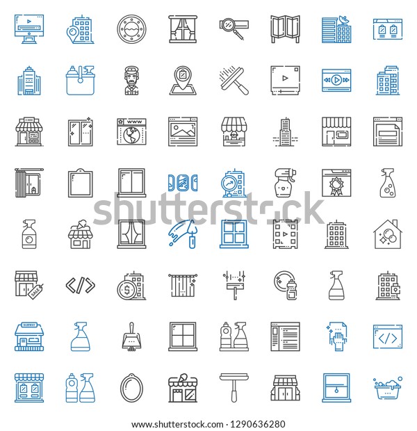 window icons set.\
Collection of window with washing, stores, window cleaner, store,\
coding, cleaning, browser, dustpan, tickets office, building.\
Editable and scalable\
icons.