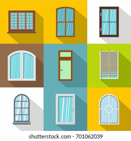 Window icons set. Flat set of 9 window vector icons for web with long shadow