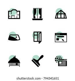 Window icons. vector collection filled window icons set.. includes symbols such as scraper, plan, mansard roof, browser, curtains. use for web, mobile and ui design.