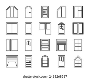 Fenstersymbole. Zeilensymbol von Windows und Türen. Bearbeitbarer Stroke.