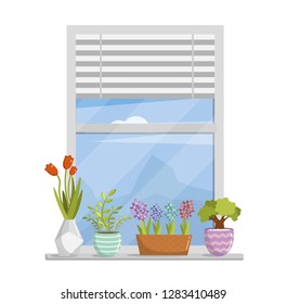 Window illustration with flowers in pots vector background