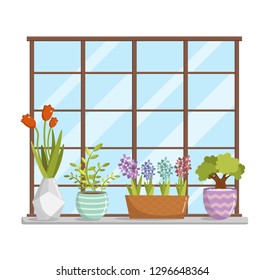 Window illustration with flowers in pots vector background