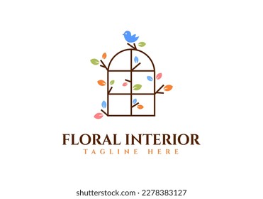 Logo-Design für die Illustration, umgeben von bunten Blättern, geeignet für die Innenausstattung.