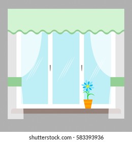 window, indoor plants and curtain, vector illustration. flat style.