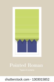 Window from the inside. Pointed roman curtain. Objects of the interior of an apartment or house. Vertical banner. Vector flat illustration