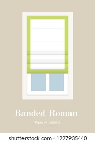 Window from the inside. Roman curtain. Objects of the interior of an apartment or house. Vertical banner. Vector flat illustration