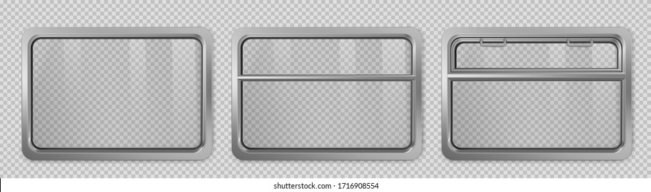 Window inside train interior. Vector realistic set of clear windows with metal frame and handles in metro wagon, passenger compartment in railway transport isolated on transparent background