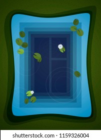 window inside the water, clean transparent water consept, pond  with lilies looks like the window, window illusion, vector