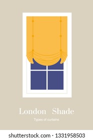 Window from the inside. Yellow curtain. Objects of the interior of an apartment. Vertical banner. Vector flat illustration