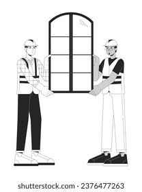 Ilustración de ventanas hogar caricatura en blanco y negro ilustración plana. La ventana encaja con varios personajes de lino 2D aislados. Instaladores contratistas hardhat monocromo imagen de contorno vectorial de escena