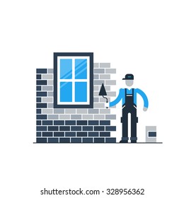 Window installation, home improvement, brick layer, manual work, vector flat illustration