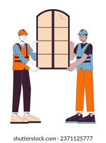 Dibujo plano de caricatura de la línea de inicio de instalación de ventanas. La ventana encaja varios personajes de lino 2D de hombres aislados en fondo blanco. Instaladores contratistas hardhat imagen de color vectorial de escena