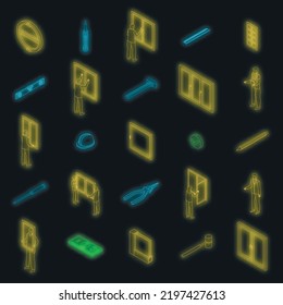 Conjunto de iconos de instalación de ventanas. Conjunto isométrico de iconos vectoriales de instalación de ventanas color de neón en negro