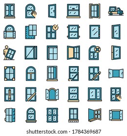 Window installation icons set. Outline set of window installation vector icons thin line color flat on white