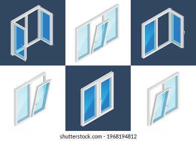 Instalación de ventanas conjunto de concepto de diseño isométrico de seis iconos cuadrados con ventanas de plástico abiertas y cerradas sobre ilustración vectorial de fondo blanco y oscuro