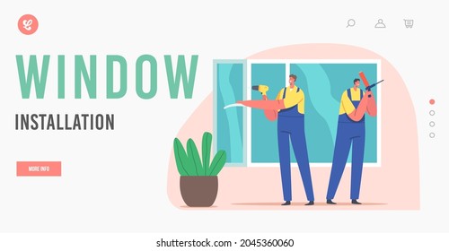 Plantilla de la página de inicio de instalación de ventanas. Construcción de la Casa de Caracteres del Trabajador del Instalador, Reparación de Ventanas Plásticas, Remodelación de Vidrio Doméstico y Carpintería de Renovación. Ilustración de vectores de personas de caricatura