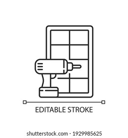 Window installation linear icon. Home improvement. Replacing whole-house old windows. Thin line customizable illustration. Contour symbol. Vector isolated outline drawing. Editable stroke