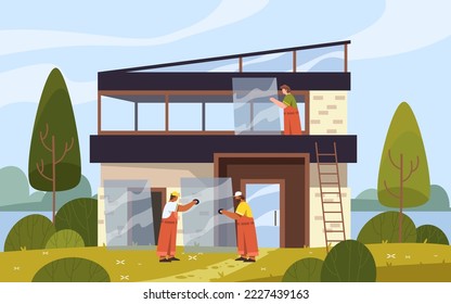 Montaje o instalación de ventanas, banner vectorial o fondo. Los montadores instalan las estructuras de doble acristalamiento o ventana. Servicio de reparación de ventanas. Fachada de un edificio moderno. Paisaje rural.
