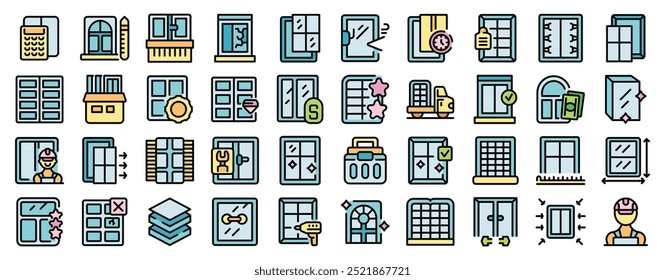 Conjunto de iconos de concepto de servicio de instalación y reparación de ventanas. Conjunto de iconos de vector de concepto de instalación y reparación de ventanas para Diseño web aislado sobre fondo blanco